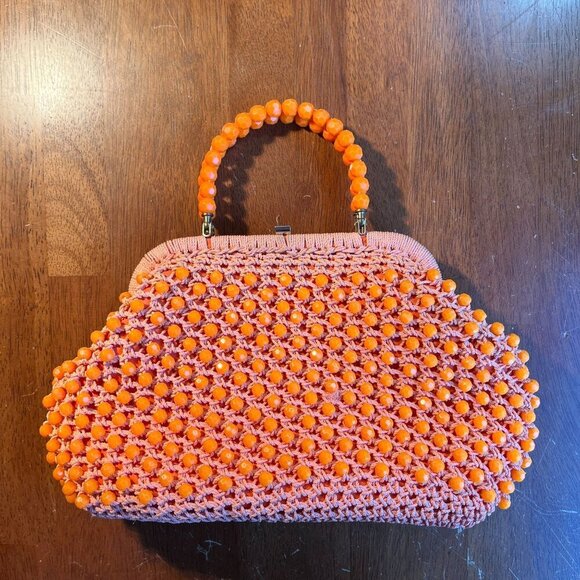Vintage 60s 70s Crochet Knit Beaded Handbag Retro Orange Faceted Mod Pin Up Girl - Picture 1 of 14